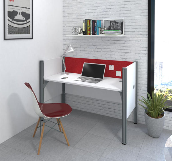 63W Single Office Cubicle with Red Tack Board and Low Privacy Panels