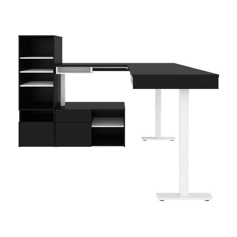 Two 72W L-Shaped Standing Desks with Credenza and Shelving Unit