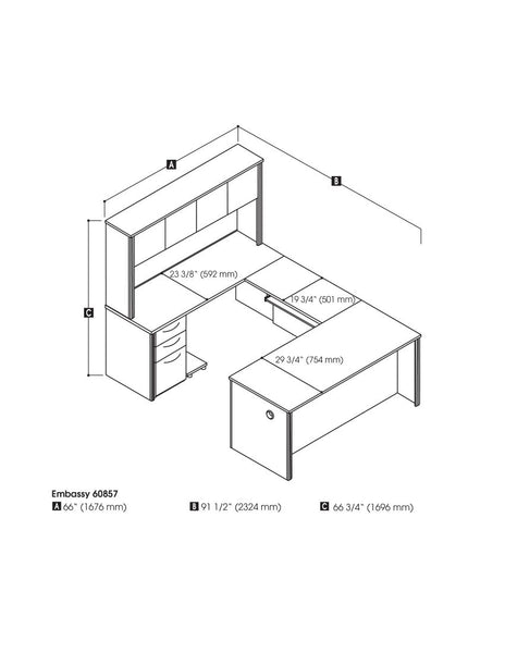 66W U-Shaped Executive Desk with Pedestal and Hutch