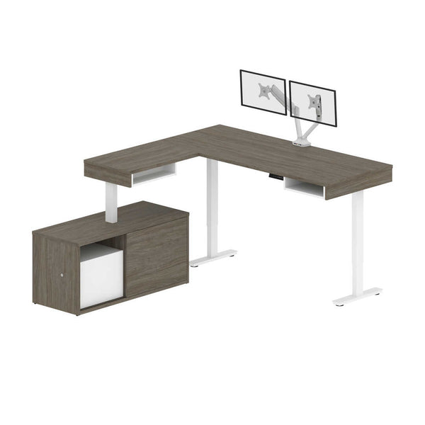 81W L-Shaped Standing Desk with Dual Monitor Arm and Credenza