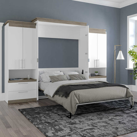 Queen Murphy Bed with Storage Cabinets and Pull-Out Shelves (126W)