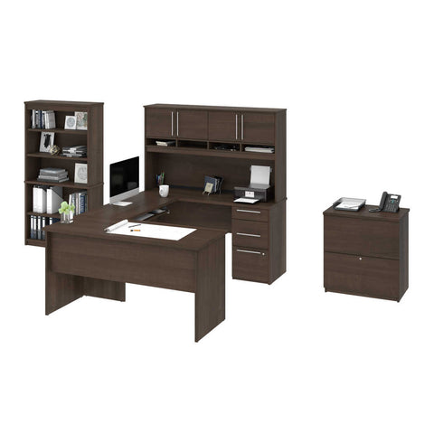 83W U or L-Shaped Desk with Hutch, Lateral File Cabinet, and Bookcase