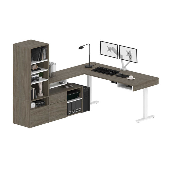 Two 72W L-Shaped Standing Desks with Dual Monitor Arms and Storage