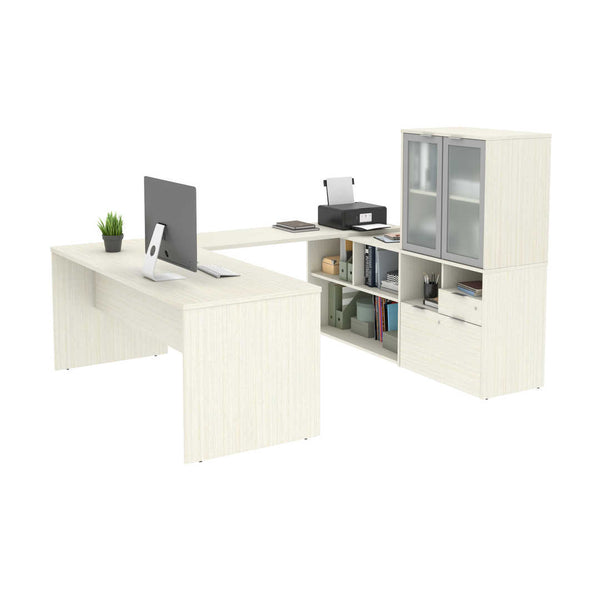 72W U-Shaped Executive Desk with Frosted Glass Doors Hutch