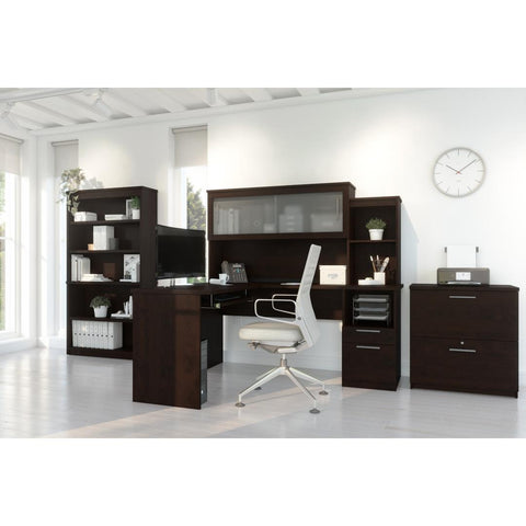 65W L-Shaped Desk with Hutch, Lateral File Cabinet, and Bookcase