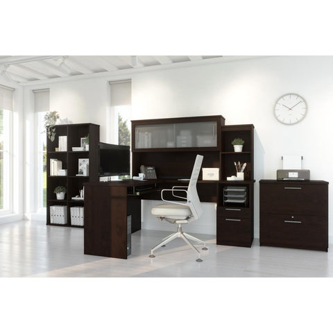 65W L-Shaped Desk with Hutch, Lateral File Cabinet, and Cubby Bookcase