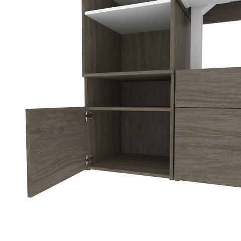 Two 72W L-Shaped Standing Desks with Credenza and Shelving Unit