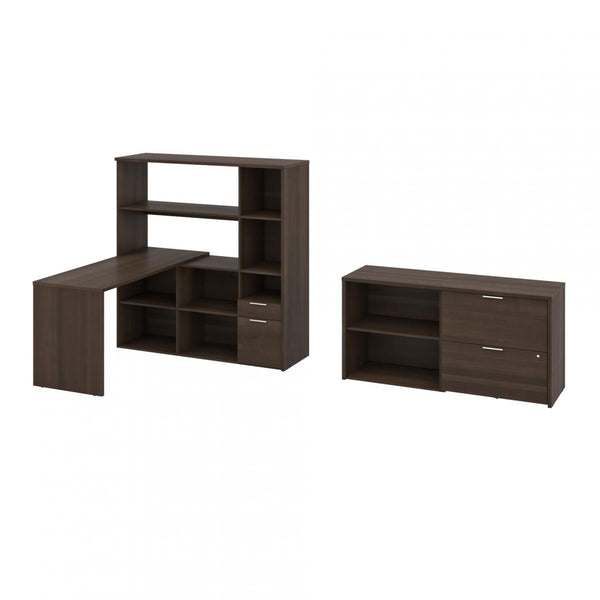 60W L-Shaped Desk with Hutch, Lateral File Cabinet, and Small Shelving Unit