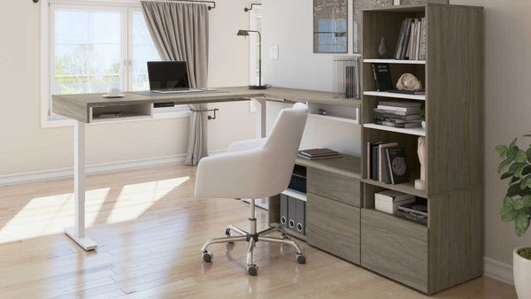 72W L-Shaped Standing Desk with Credenza and Shelving Unit