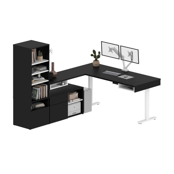 Two 72W L-Shaped Standing Desks with Dual Monitor Arms and Storage