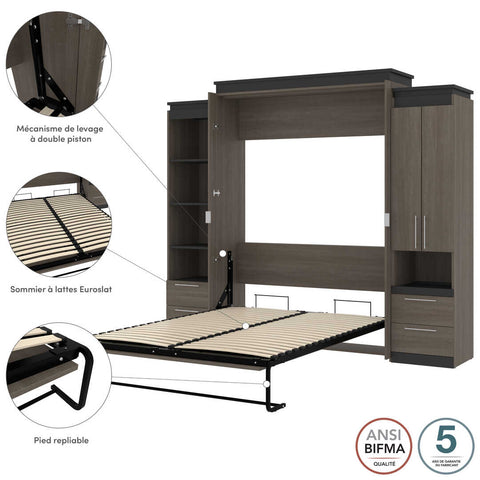 Queen Murphy Bed with Storage Cabinet and Tall Shelf with Drawers (106W)