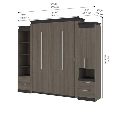 Queen Murphy Bed with Storage Cabinet and Tall Shelf with Drawers (106W)