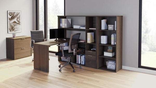 60W L-Shaped Desk with Hutch, Lateral File Cabinet, and Bookcase