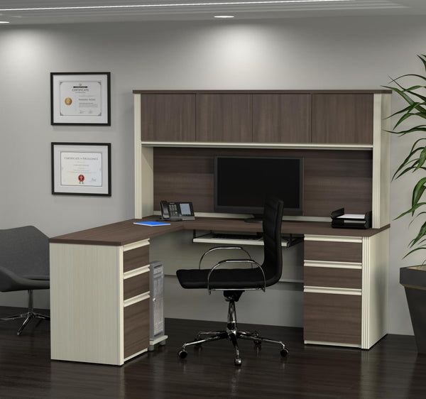 Modern L-Shaped Office Desk with Two Pedestals and Hutch