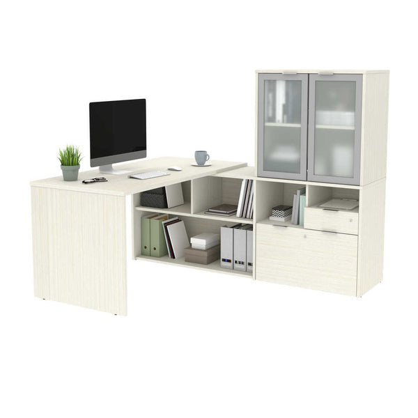 72W L-Shaped Desk with Frosted Glass Door Hutch