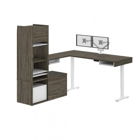 81W L-Shaped Standing Desk with Dual Monitor Arm, Credenza, and Hutch