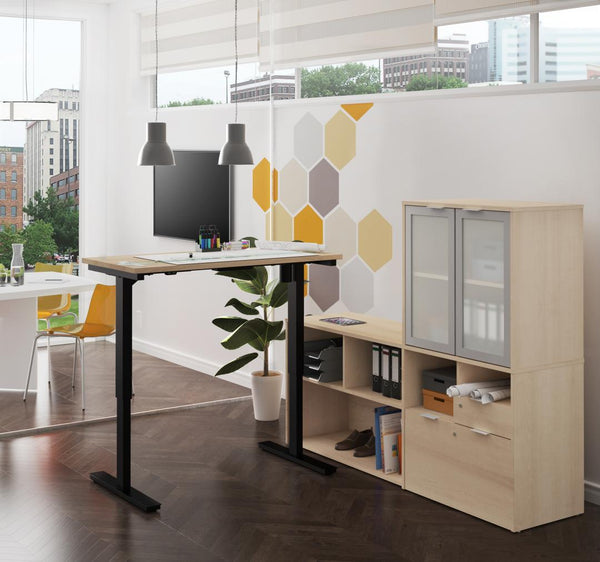 72W L-Shaped Standing Desk and Hutch with Frosted Glass Doors