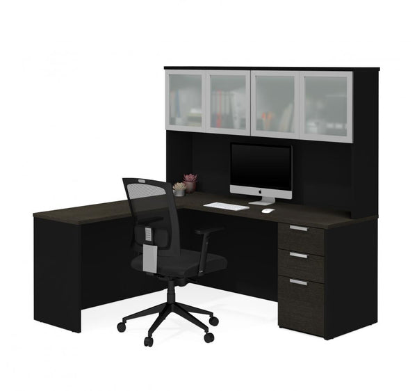 72W L-Shaped Desk with Pedestal and Frosted Glass Doors Hutch