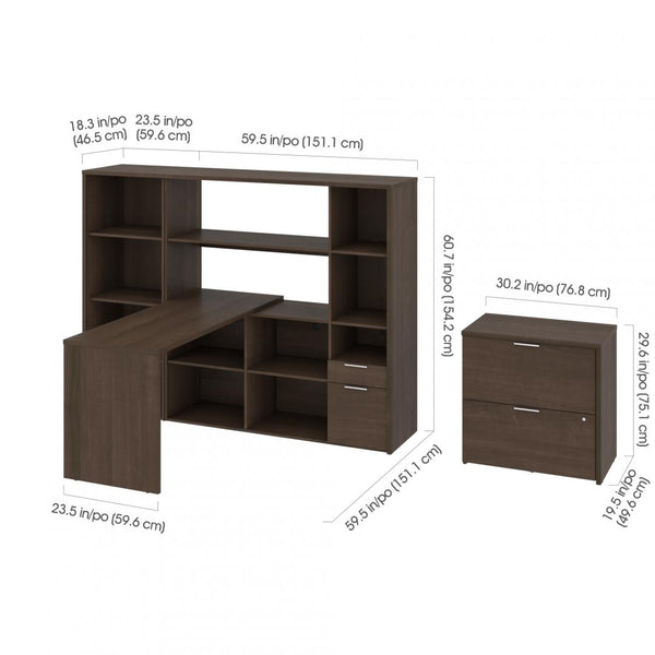 60W L-Shaped Desk with Hutch, Lateral File Cabinet, and Bookcase