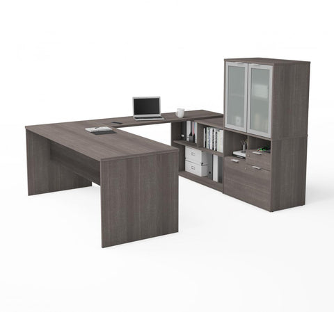 72W U-Shaped Executive Desk with Frosted Glass Doors Hutch