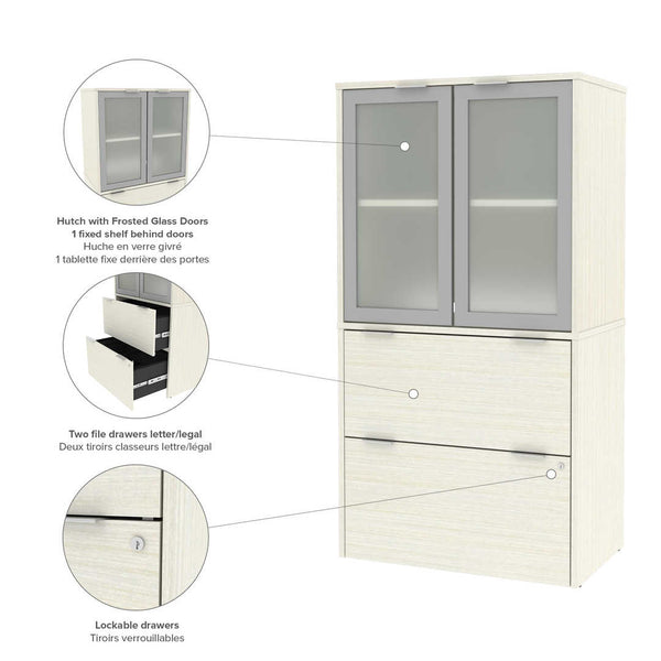 Lateral File Cabinet with Frosted Glass Doors Hutch