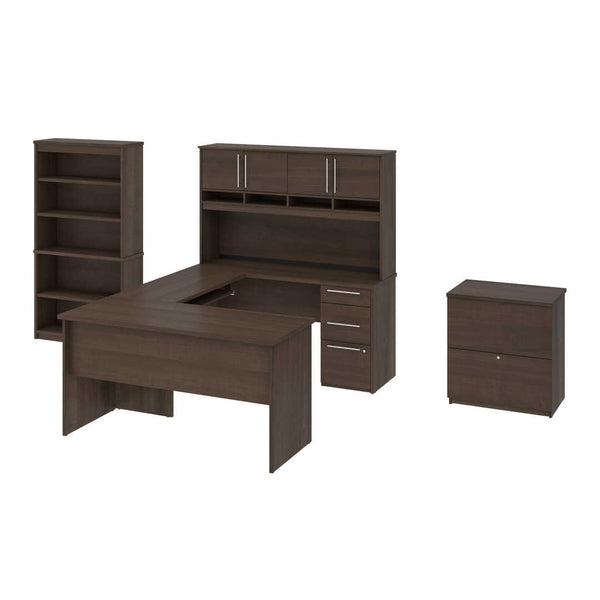 83W U or L-Shaped Desk with Hutch, Lateral File Cabinet, and Bookcase