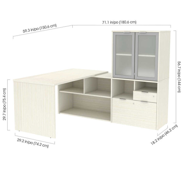 72W L-Shaped Desk with Frosted Glass Door Hutch