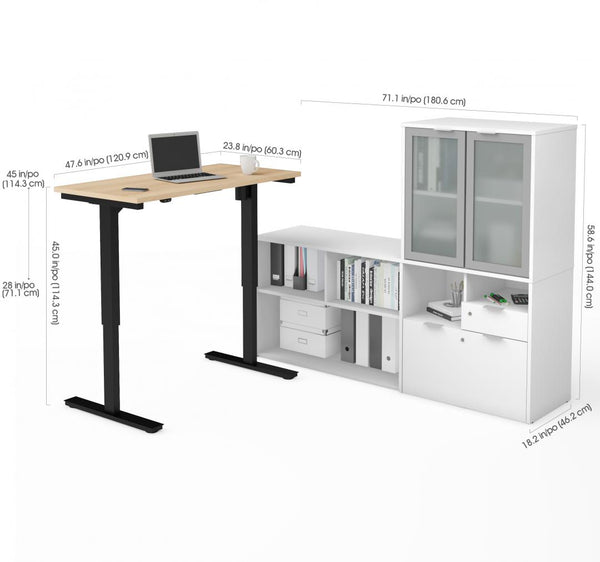 72W L-Shaped Standing Desk and Hutch with Frosted Glass Doors