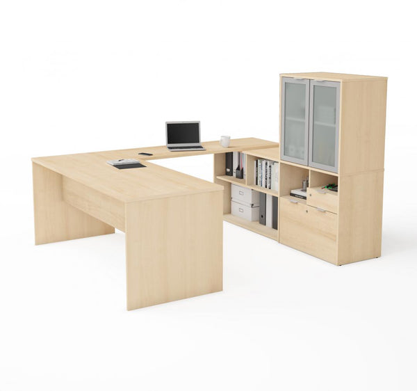 72W U-Shaped Executive Desk with Frosted Glass Doors Hutch