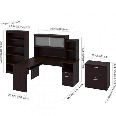 65W L-Shaped Desk with Hutch, Lateral File Cabinet, and Bookcase