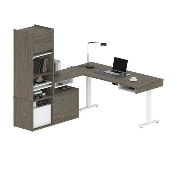 81W L-Shaped Standing Desk with Credenza and Narrow Hutch