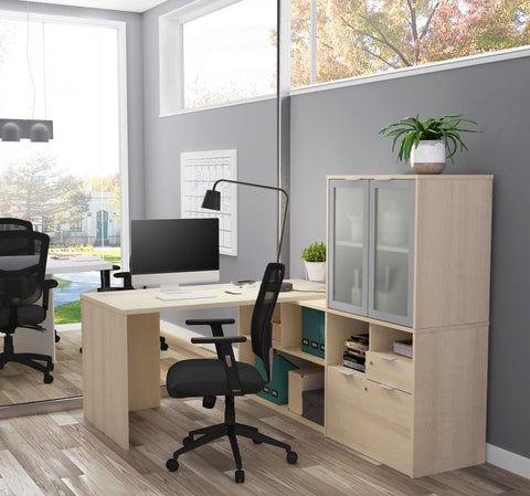 72W L-Shaped Desk with Frosted Glass Door Hutch