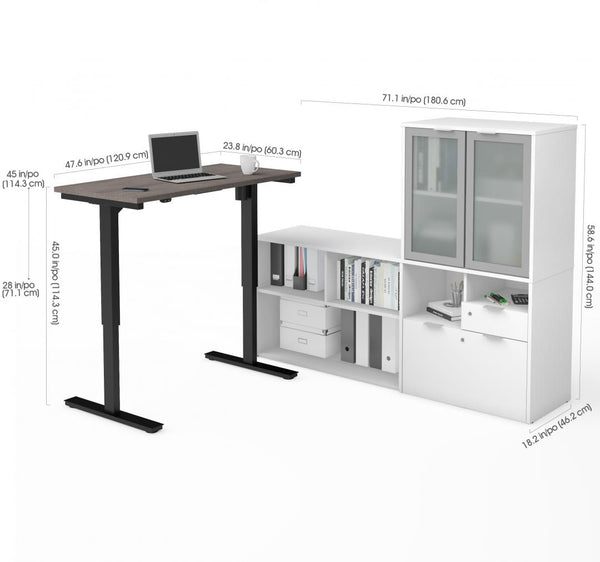 72W L-Shaped Standing Desk and Hutch with Frosted Glass Doors