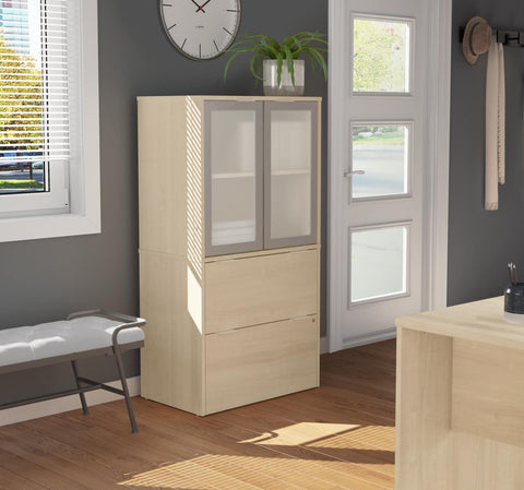 Lateral File Cabinet with Frosted Glass Doors Hutch