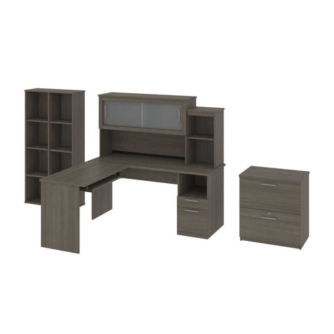 65W L-Shaped Desk with Hutch, Lateral File Cabinet, and Cubby Bookcase